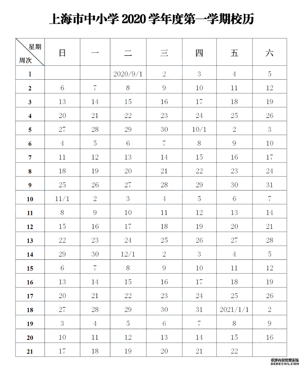 暑假已過大半，開學(xué)還會遠(yuǎn)嗎！新學(xué)期什么時候放寒暑假，今年還有哪些節(jié)假日安排？小招已經(jīng)整理好啦！趕緊收下這份2020-2021年的新學(xué)期校歷吧~   第一學(xué)期 2020年9月1日開學(xué)，2021年1月22日結(jié)束 全學(xué)期共21周 寒假從2021年1月23日開始，2月21日結(jié)束     第二學(xué)期 2021年2月22日開學(xué)，6月30日結(jié)束 全學(xué)期共19周 暑假從7月1日開始，8月31日結(jié)束   ◆ ◆ ◆  ◆ ◆  兩個月的暑假就快結(jié)束啦 今年再要有小長假的話 就要等到中秋和國慶啦 此處插播一個壞消息 今年中秋和國慶在同一天 元旦之前只有一個長假啦    中秋節(jié)、國慶節(jié) 10月1-8日放假調(diào)休，共八天 9月27日（周日）、10月10日（周六）上班    最后，小編編還要提醒一句 暑假余額不足！ 寶寶們作業(yè)要抓緊了哦！